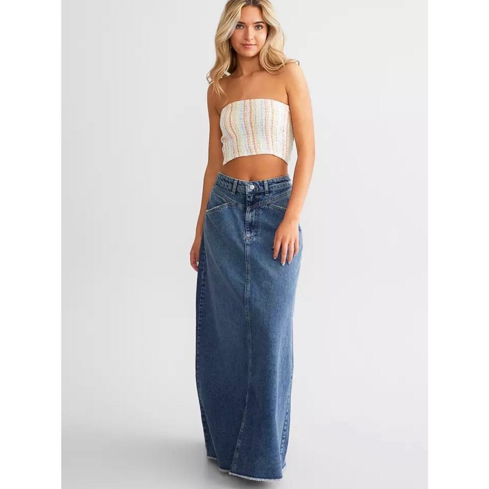Free People We the Free Come As You Are Denim Maxi Skirt Dark Indigo 8 - Picture 2 of 13
